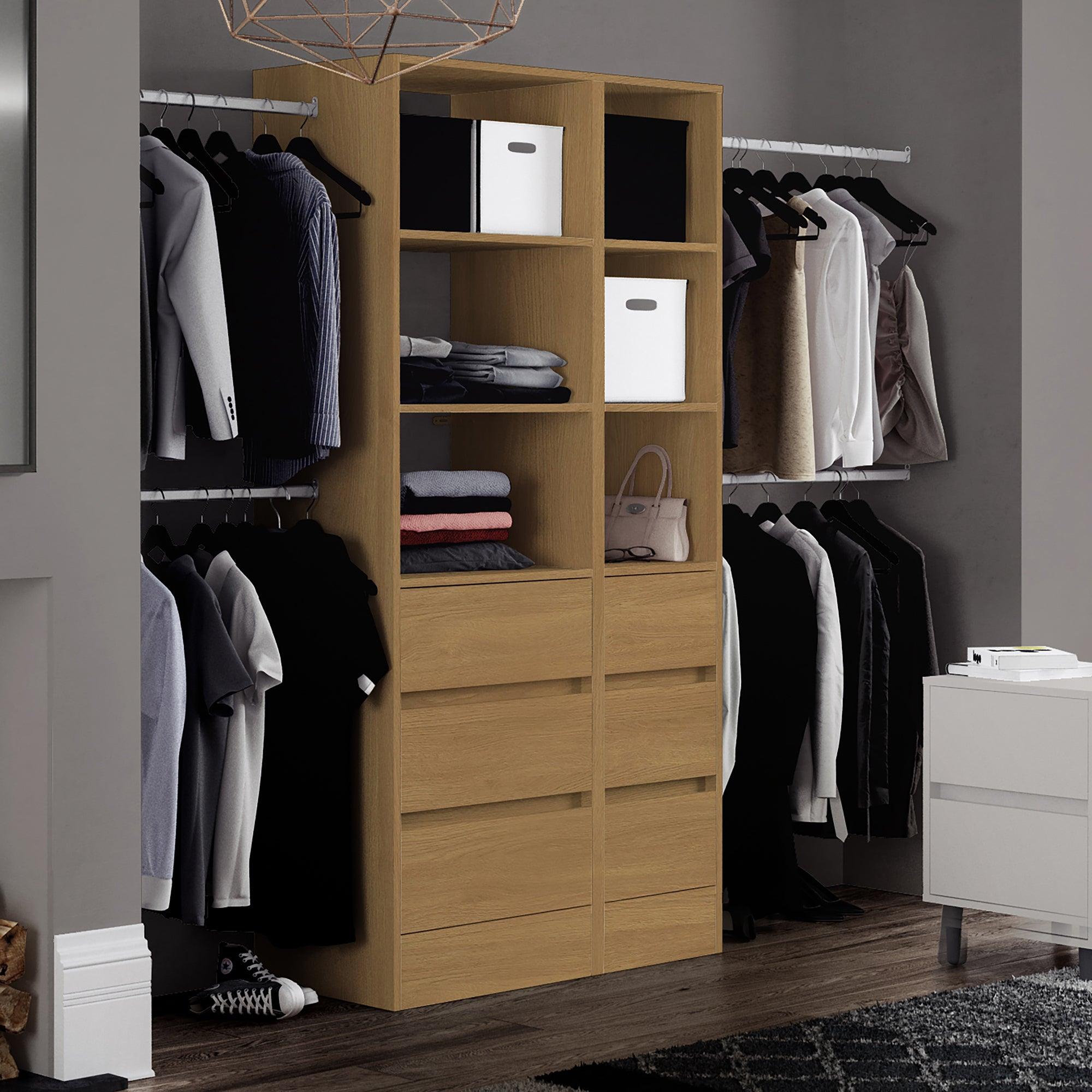 Oak 3 Drawer Soft Close Wardrobe Shelving Unit with Hanging Bars - Bedrooms Plus